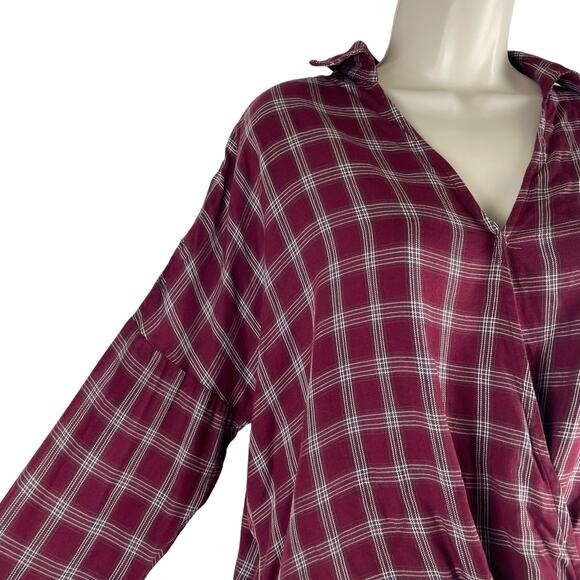 Lou & Grey for LOFT Plaid Long Sleeve Faux Wrap Top Dark Red Size S - Picture 4 of 9